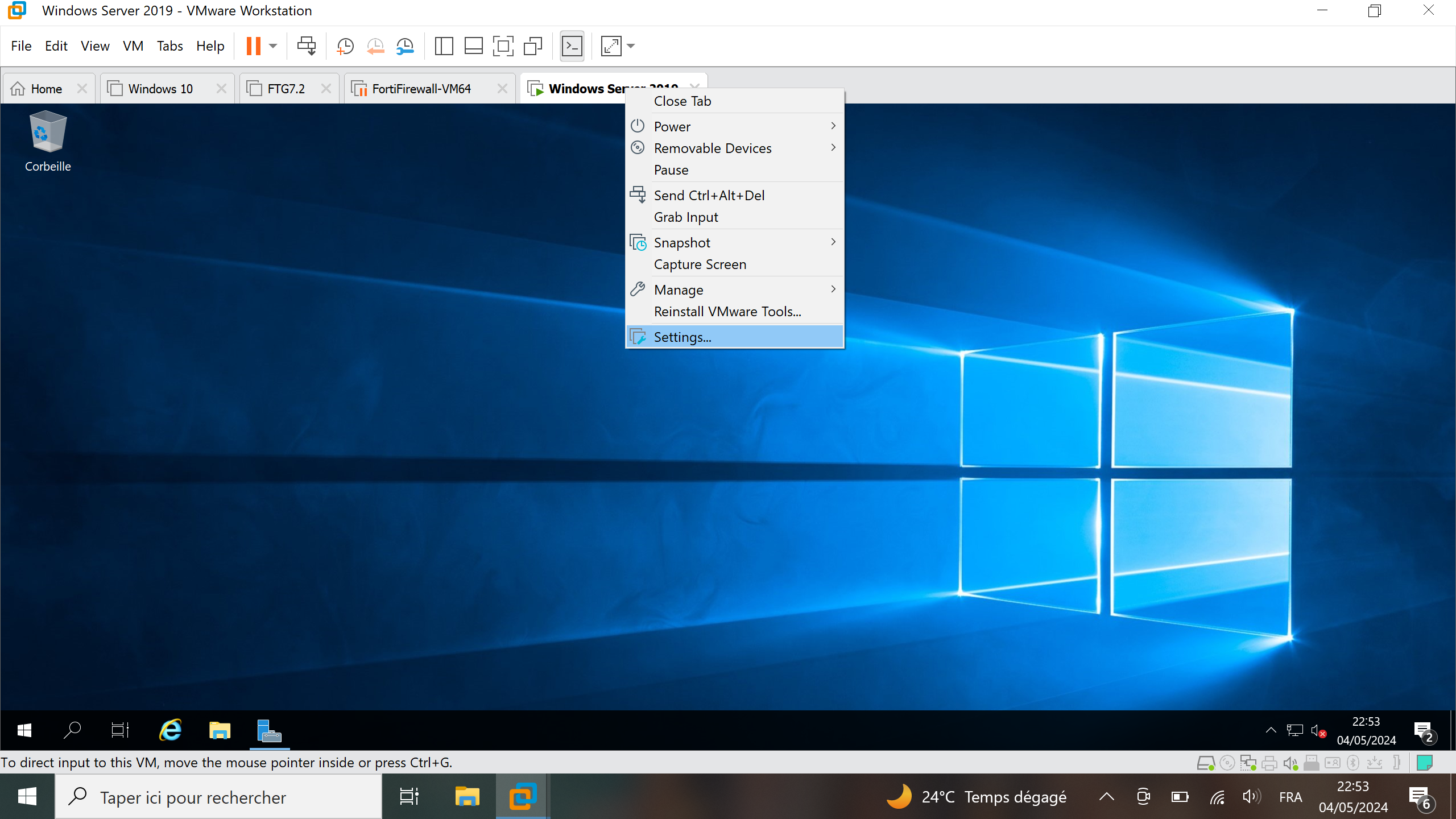 Paramètres machine virtuelle Windows Server 2019 sur VMWare Workstation
