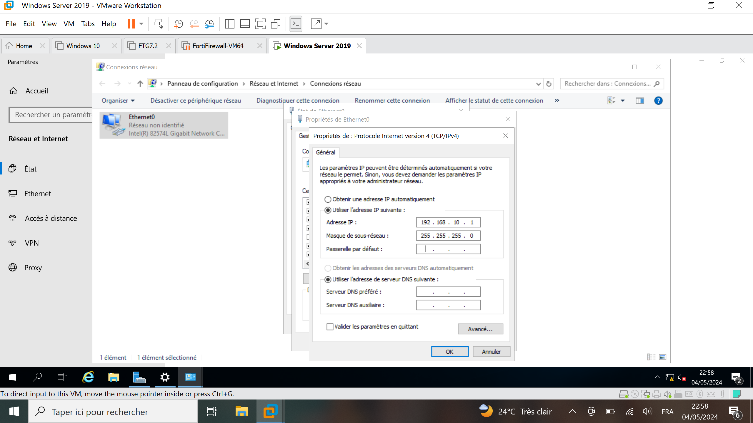 Paramètres réseau Windows Server 2019 sur VMWare Workstation