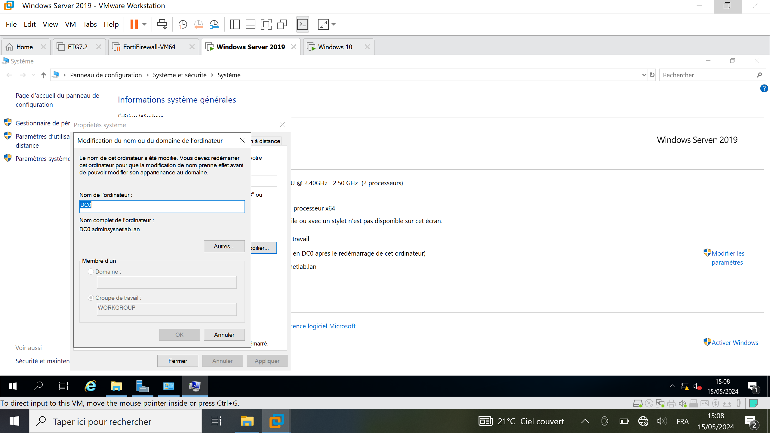 Configuration nom de l'ordinateur Windows Server 2019 sur VMWare Workstation