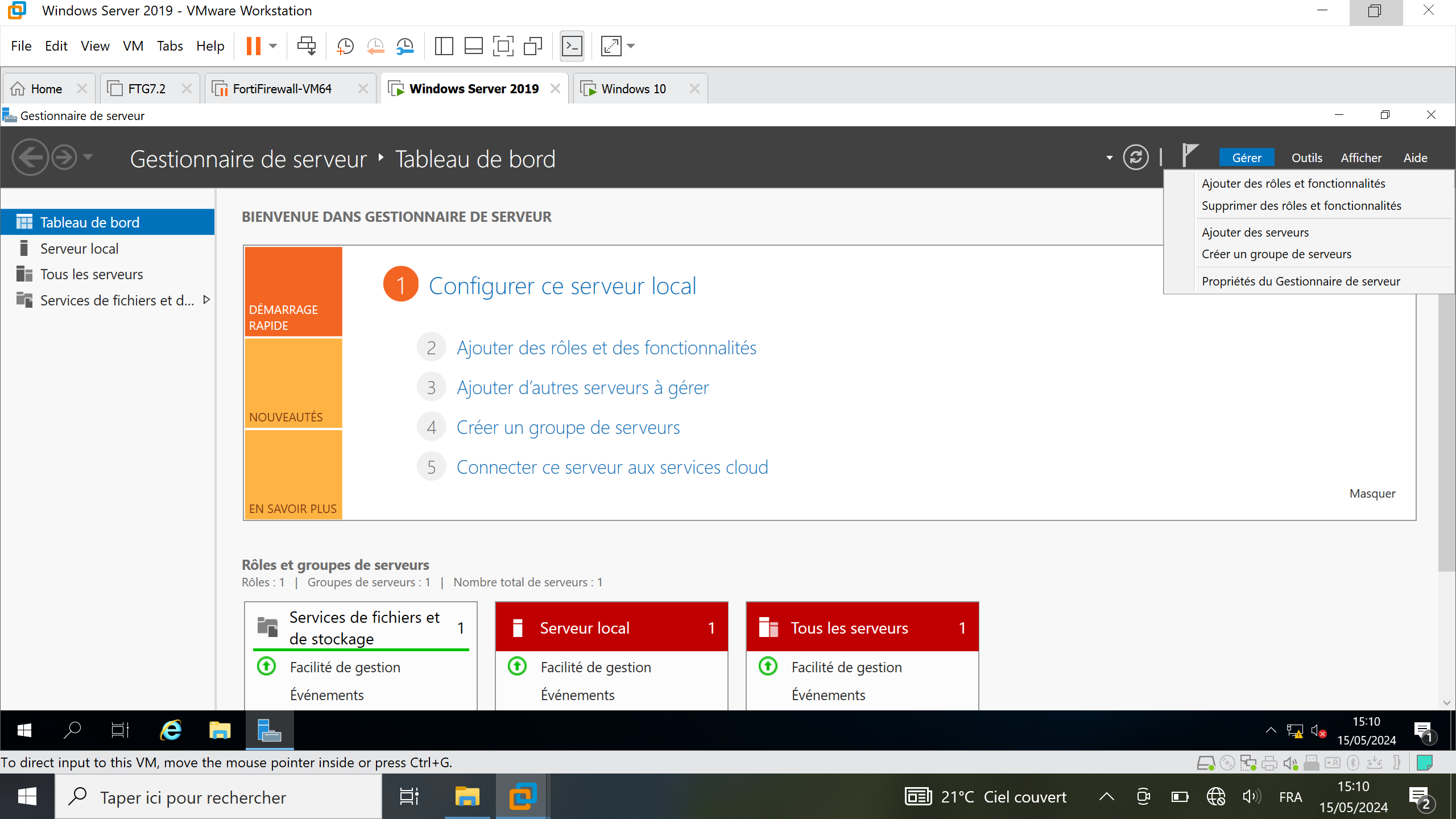 Gestionnaire de serveur Windows Server 2019 Sur VMWare Workstation