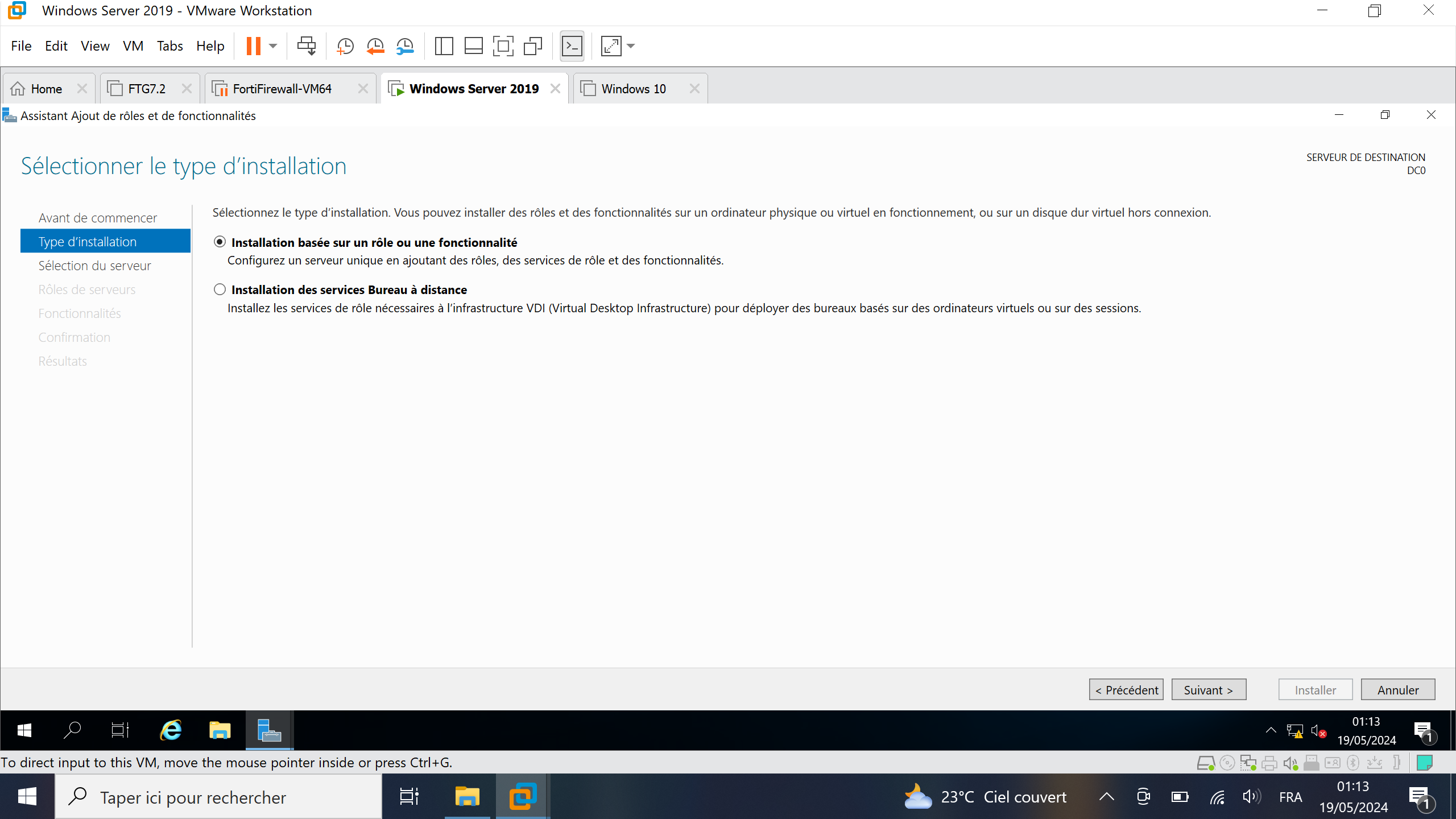 Installation du service Active Directory Windows Server 2019 sur VMWare Workstation