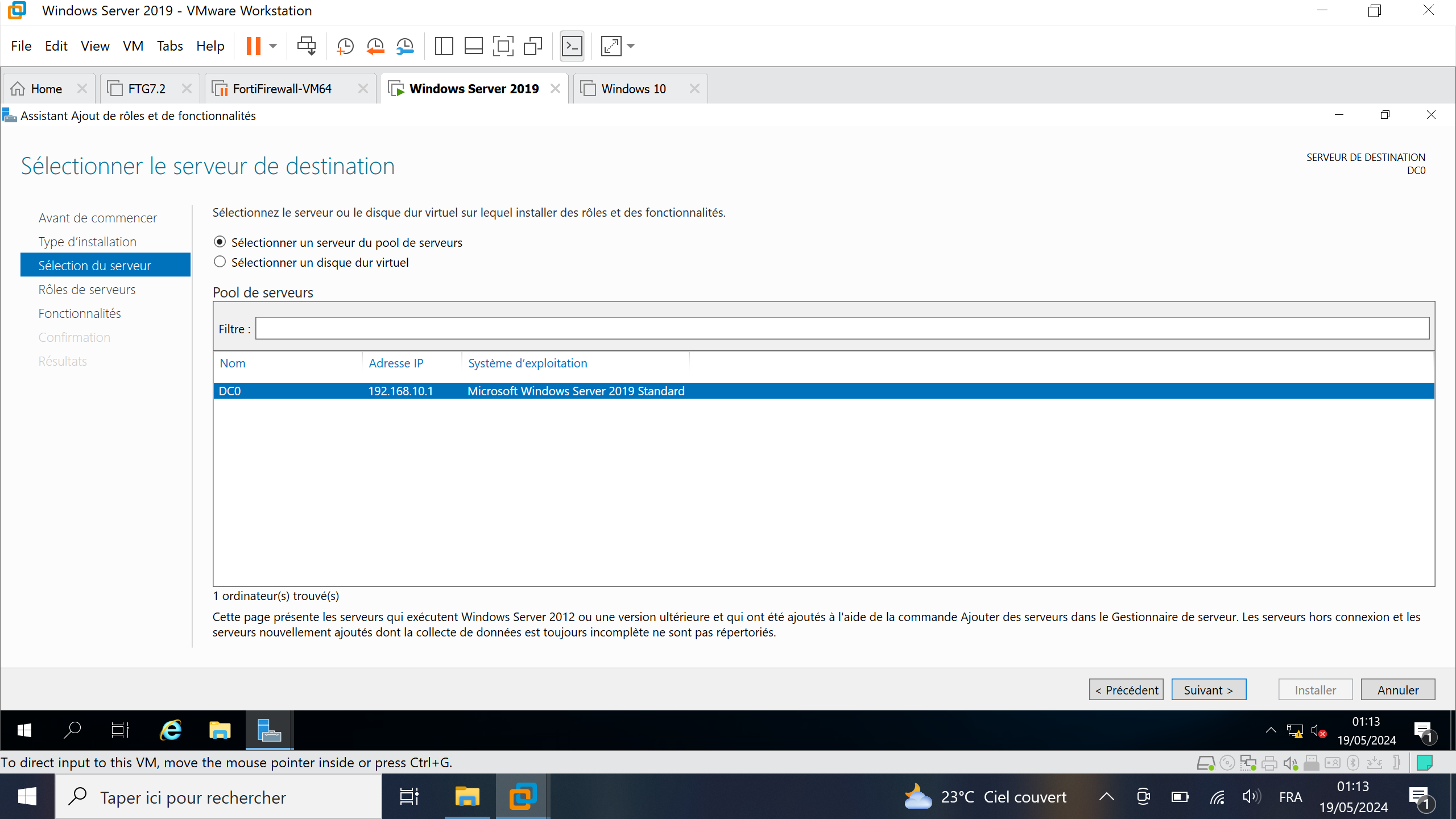 Sélection du pool de serveurs Windows Server 2019 sur VMWare Workstation