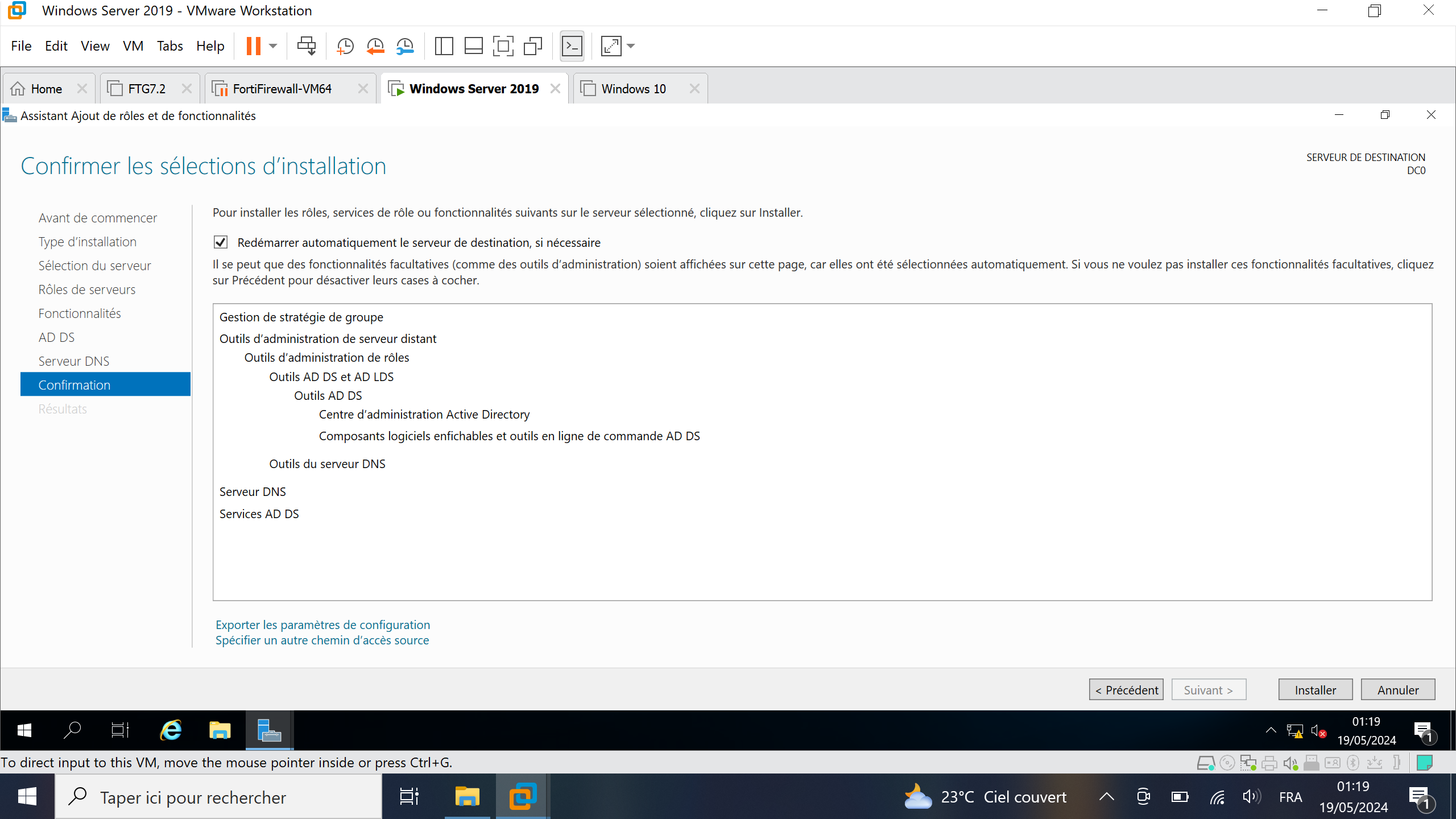 Confirmation de l'installation des services AD DS Windows Server 2019 sur VMWare Workstation