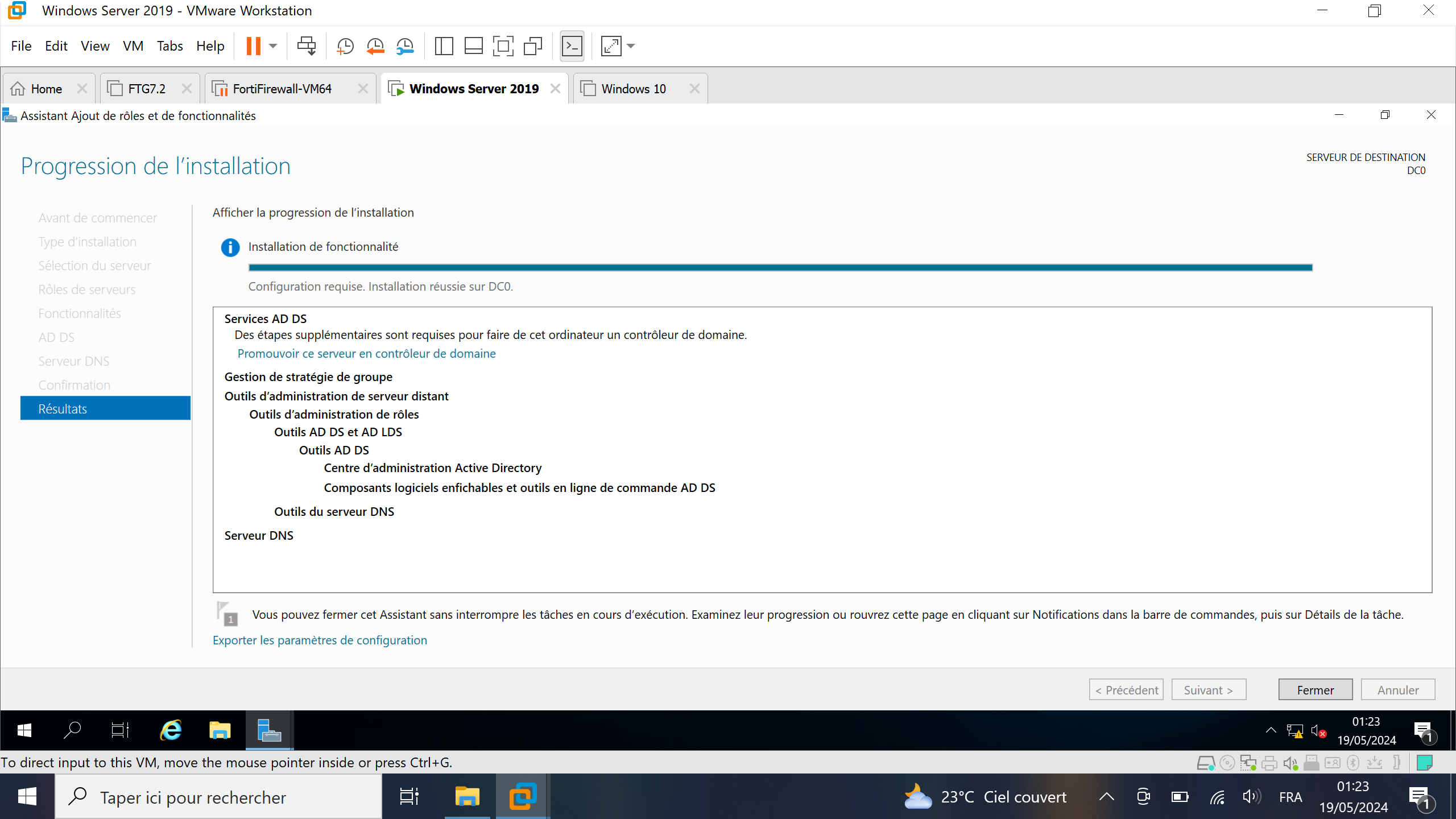 Services AD DS installés avec succès sur Windows Server 2019