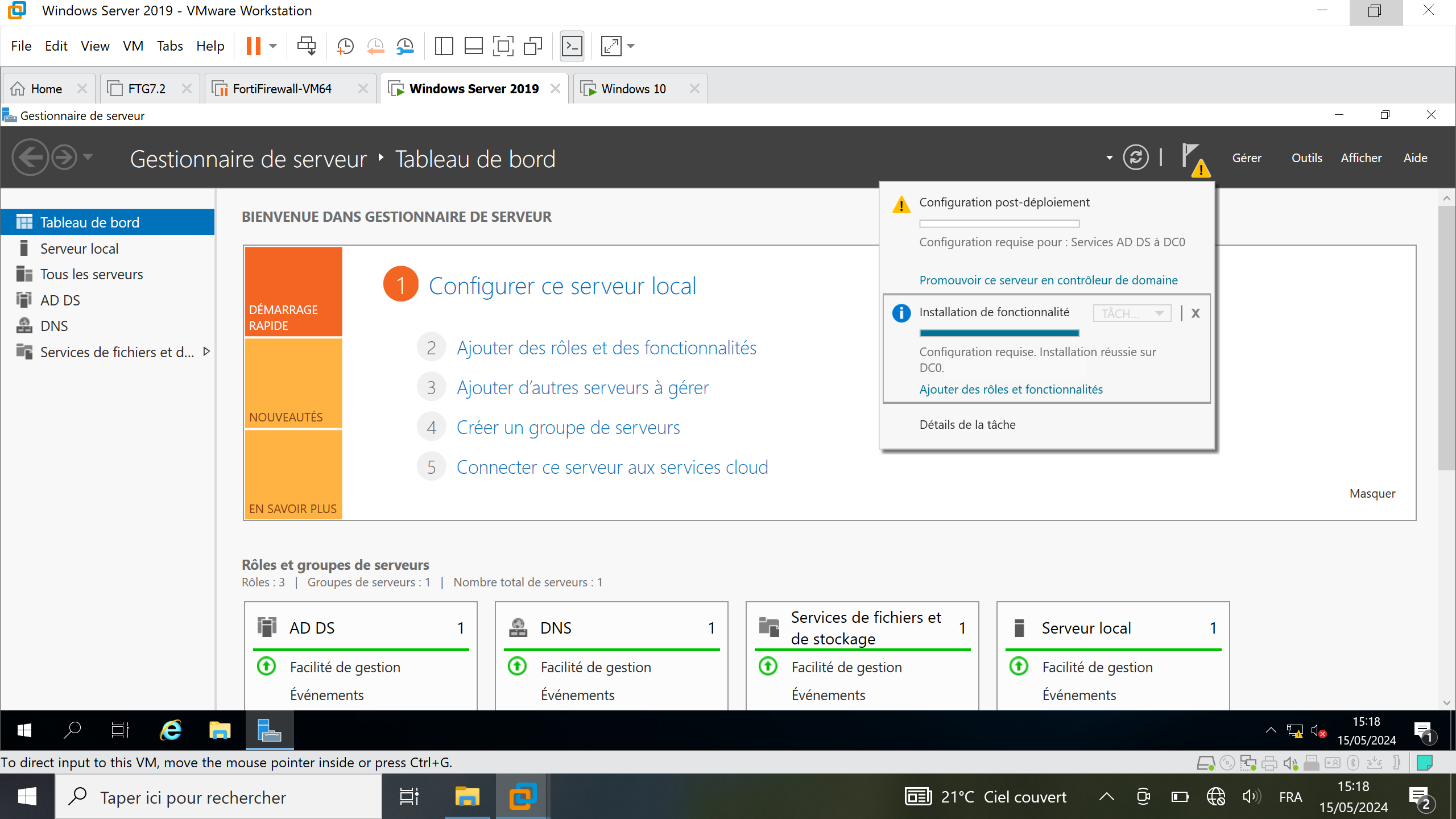 Promotion du serveur en contrôleur de domaine Windows Server 2019 sur VMWare Workstation