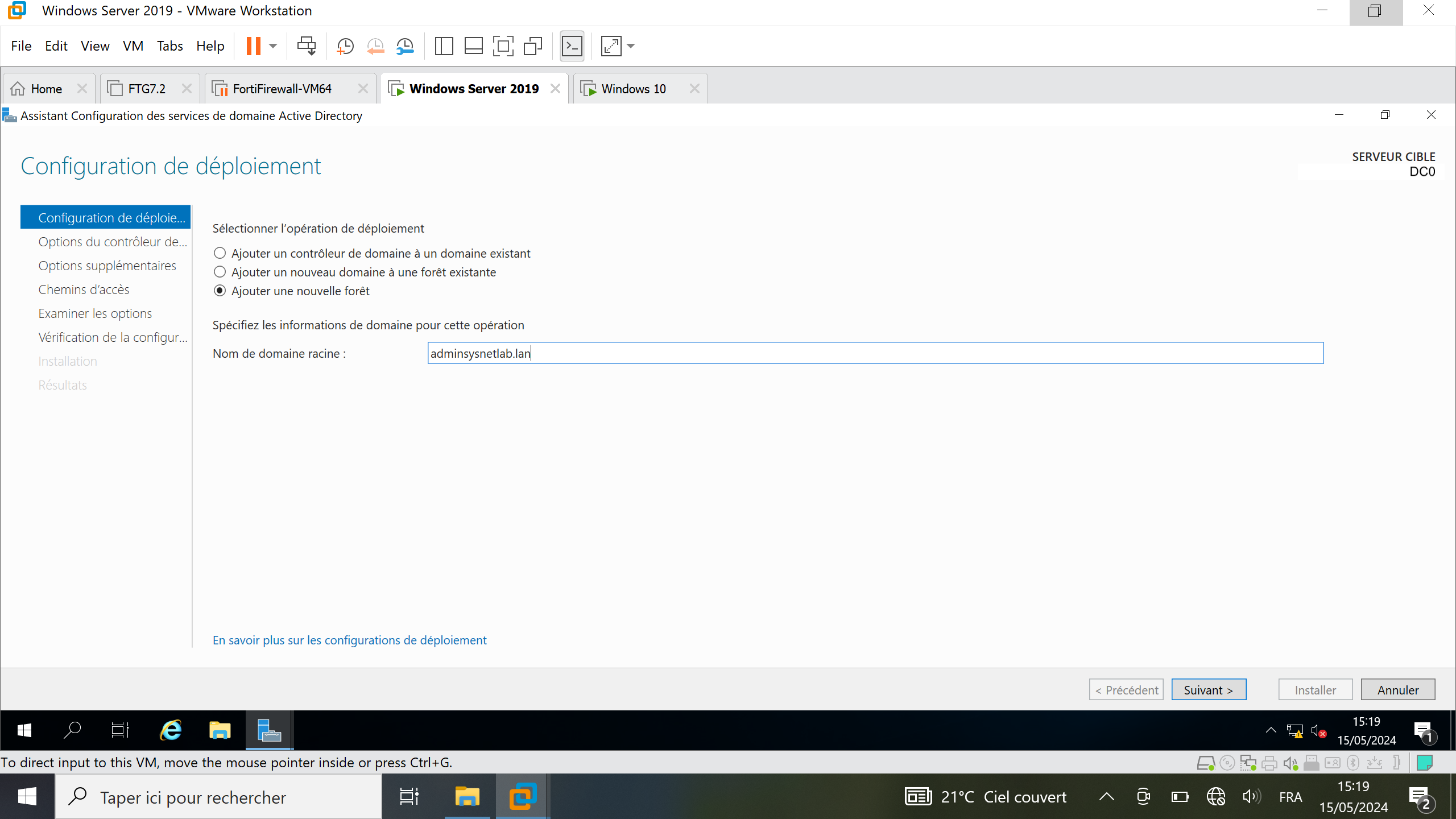 Ajouter une nouvelle forêt lors de l'installation des services AD DS Windows Server 2019