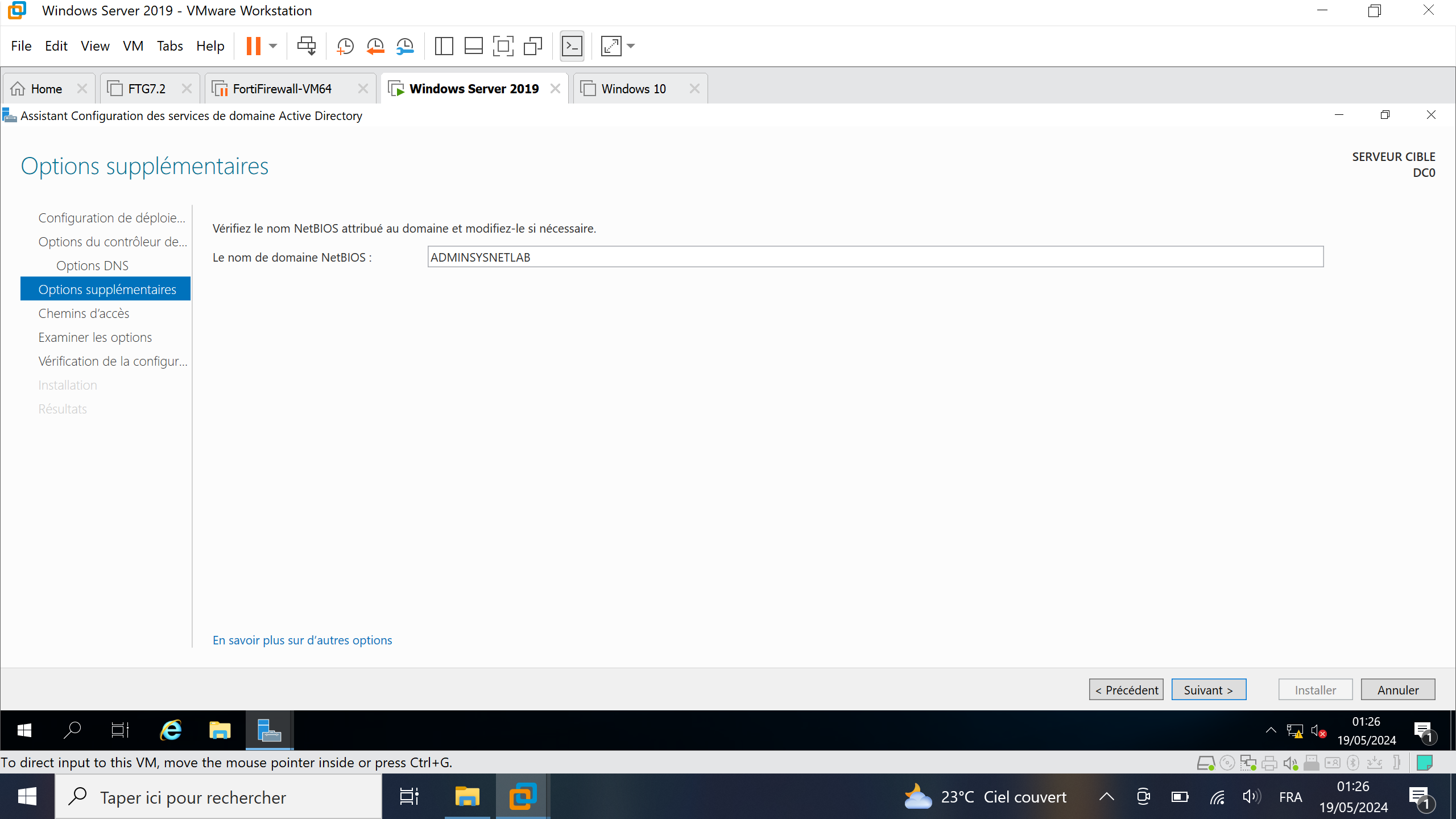 Nom de domaine NETBIOS Windows Server 2019 sur VMWare Workstation