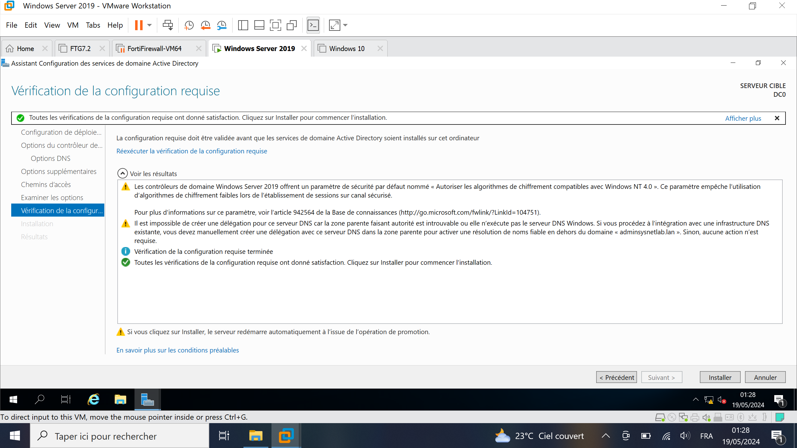 Vérification de la configuration requise pour l'installation des services AD DS