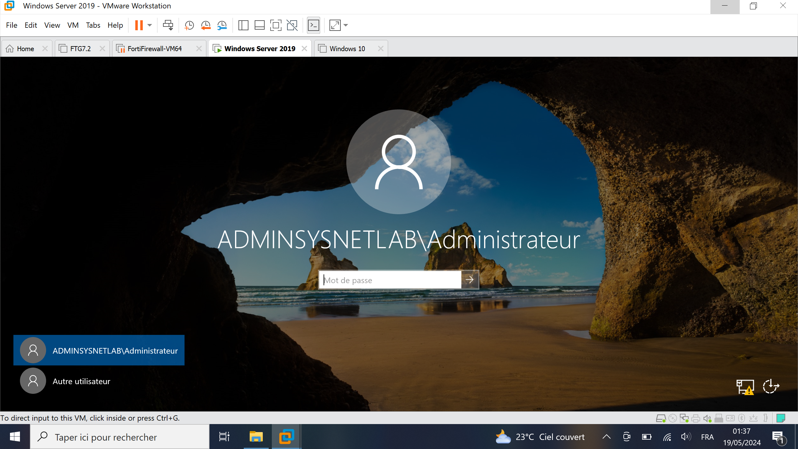 Page d'authentification Windows Server 2019 sur VMWare Workstation