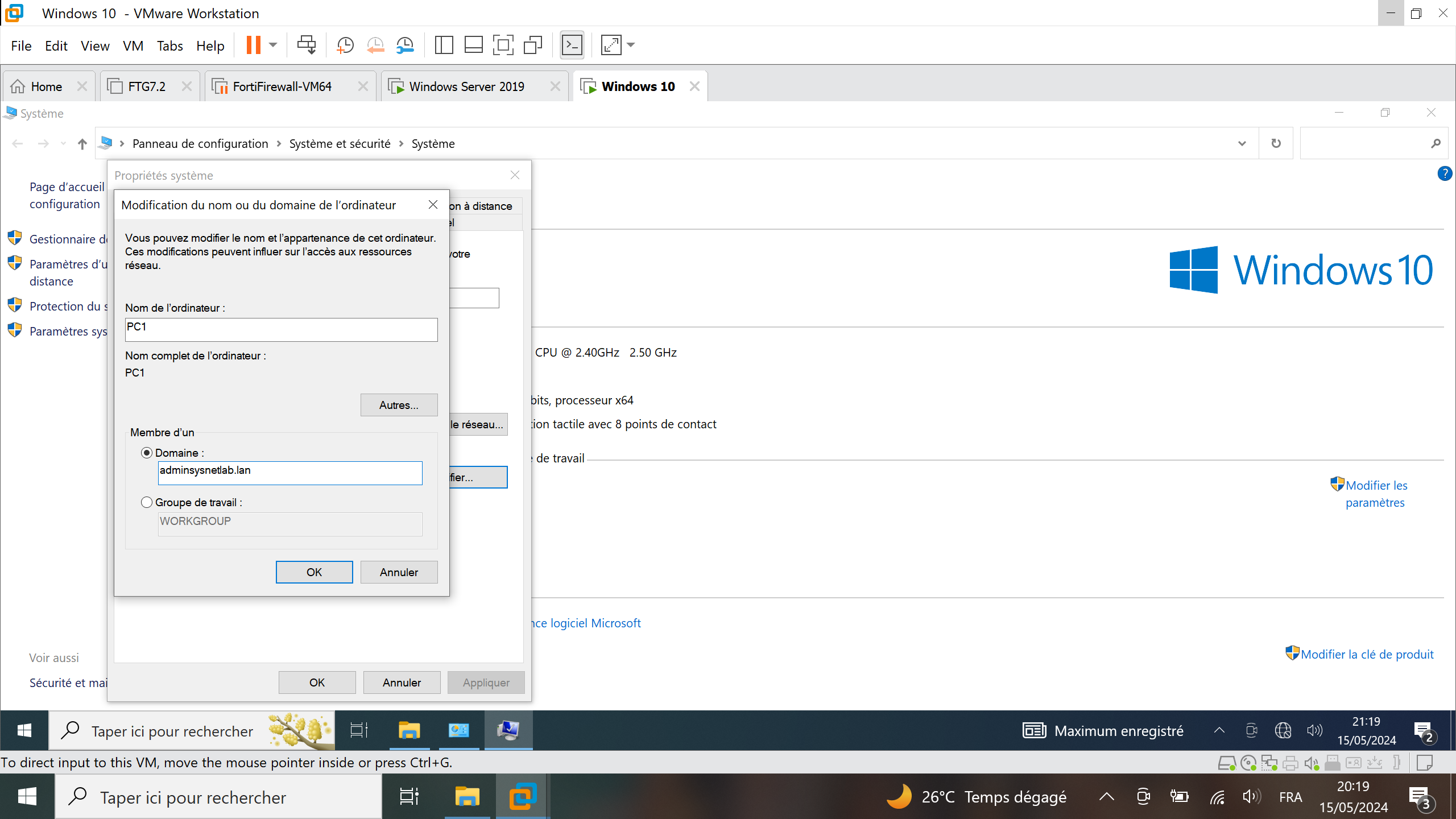 Jonction d'une machine à un domaine Active Directory Windows Server 2019 VMWare Workstation