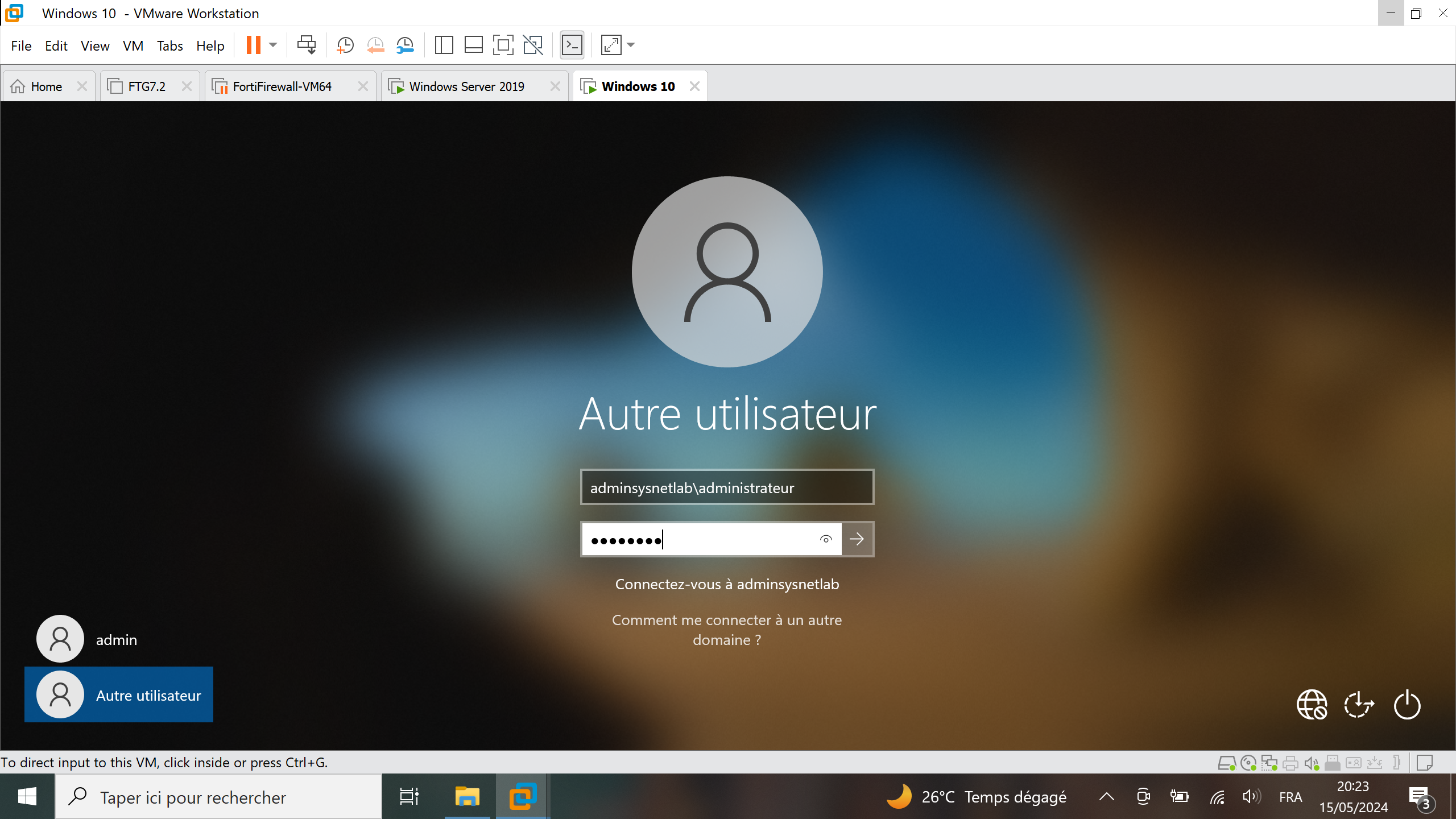 Authentification d'un utilisateur au domaine Active Directory Windows Server 2019 sur VMWare Workstation