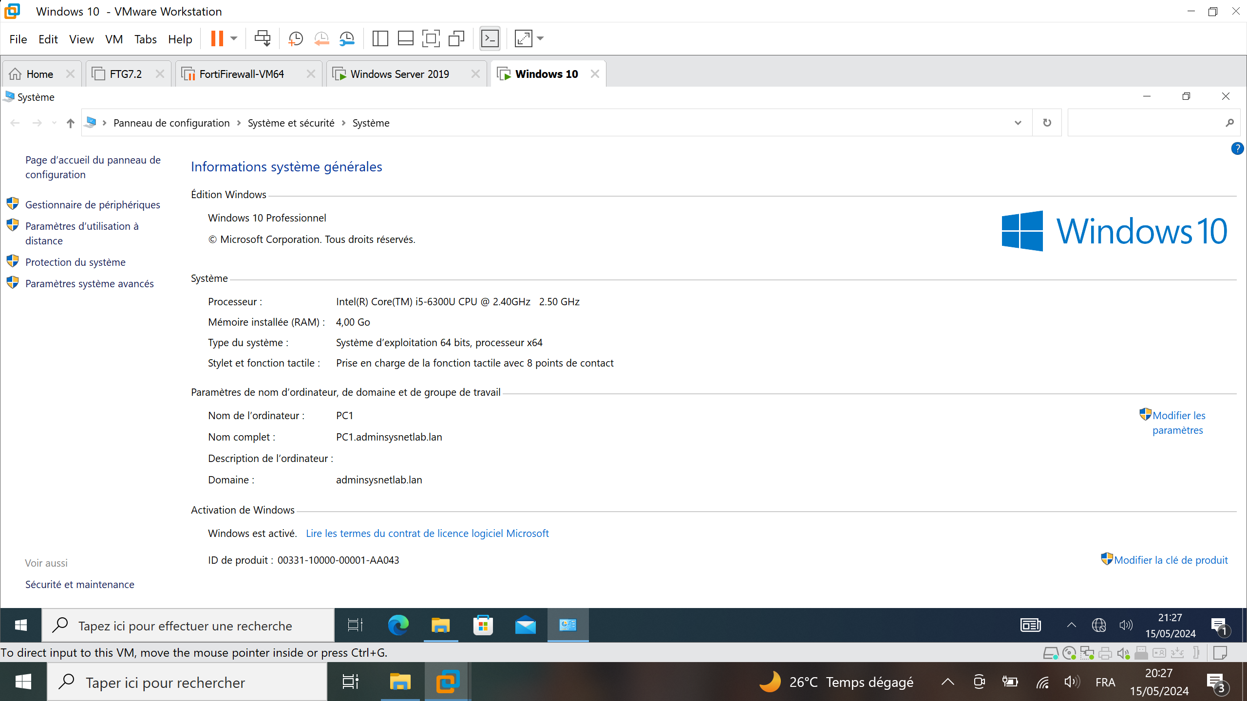 Informations système Windows 10 professionnel