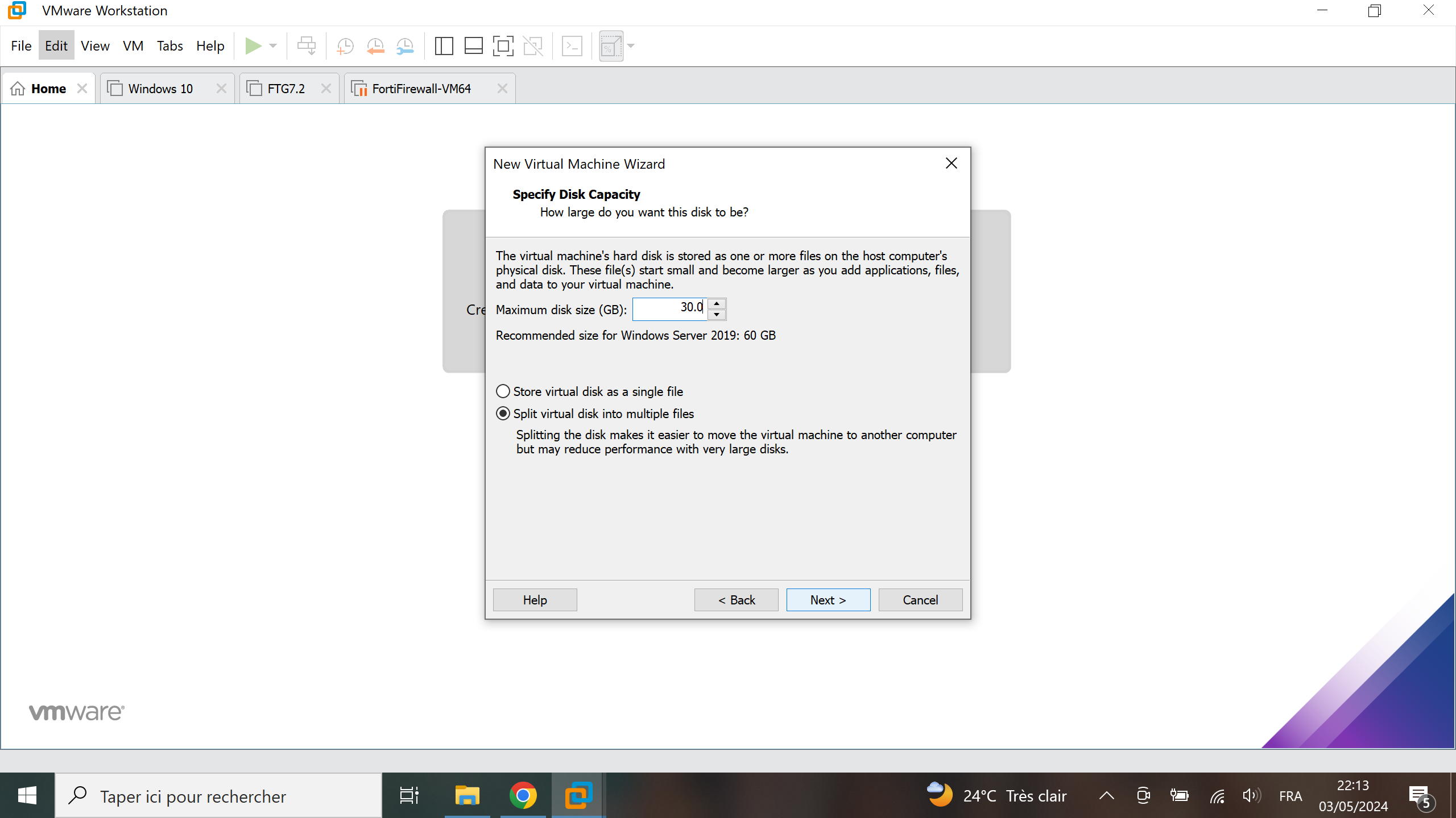 Spécification taille disque sur VMWare Workstation