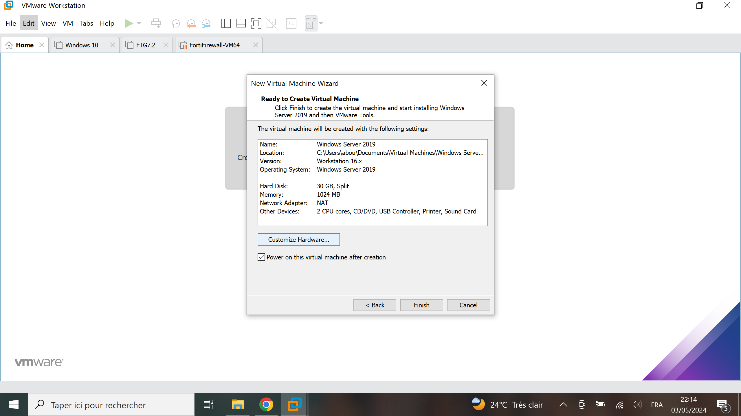 Résumé de configuration machine virtuelle sur VMWare Workstation