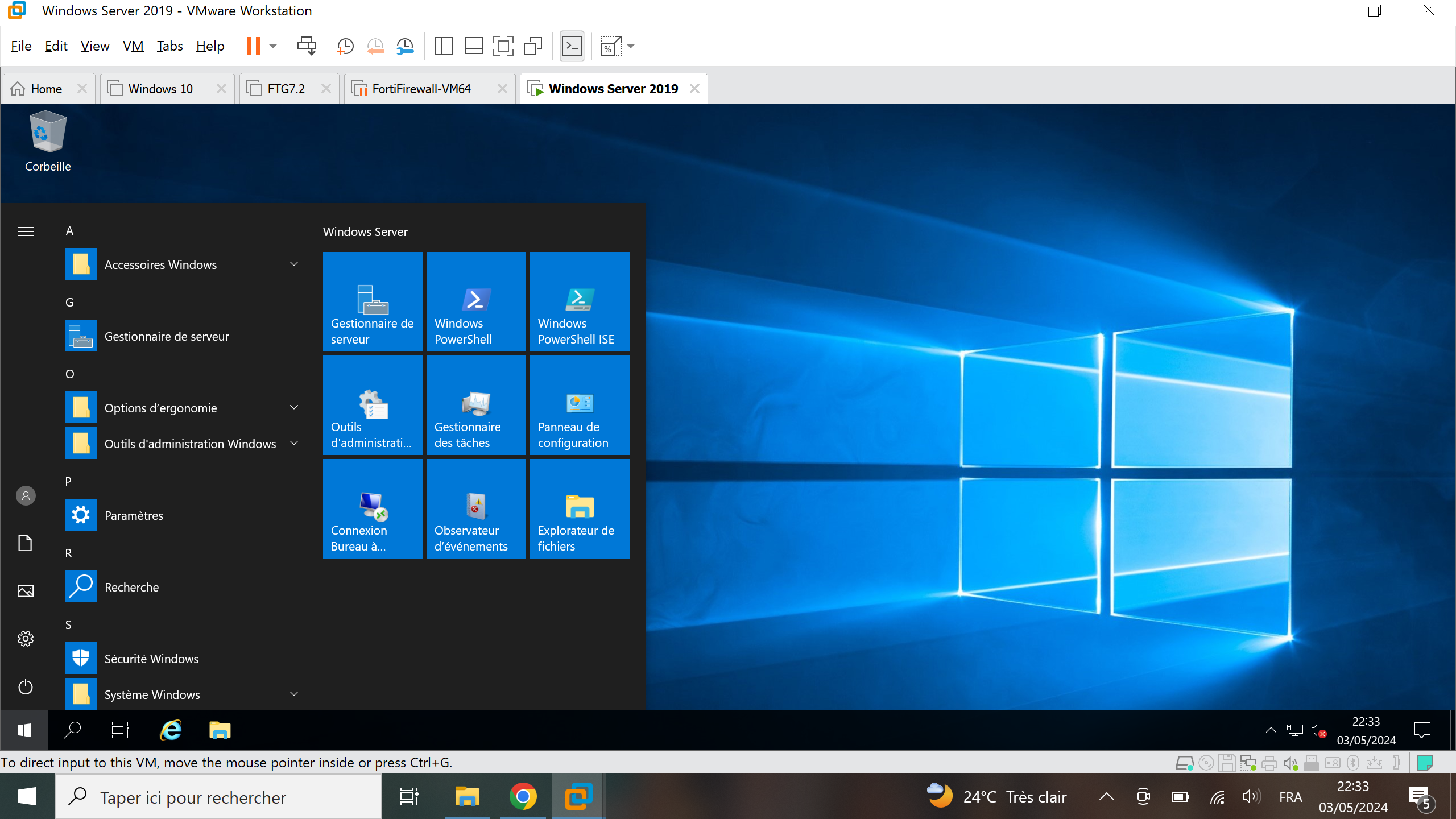 Accueil Windows Server 2019 sur VMWare Workstation