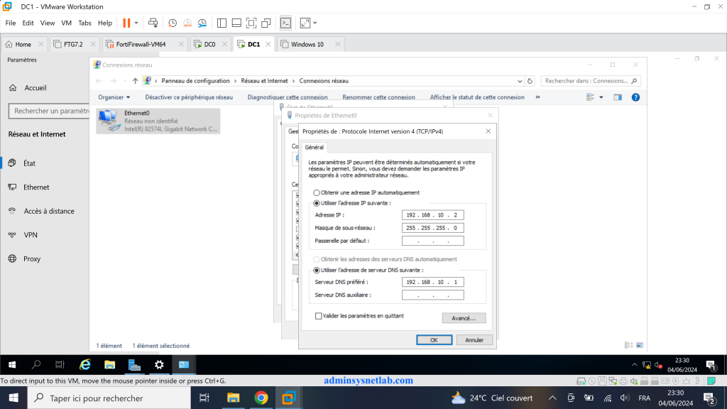 Configuration réseau Windows.