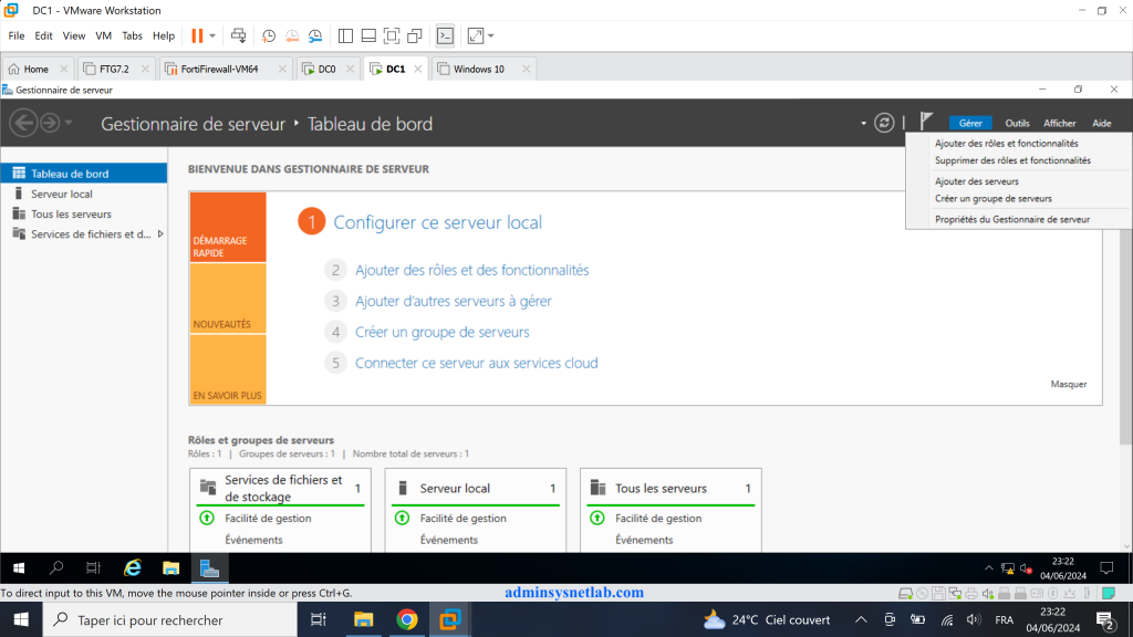 Ajouter des rôles et fonctionnalités sur Windows Server.