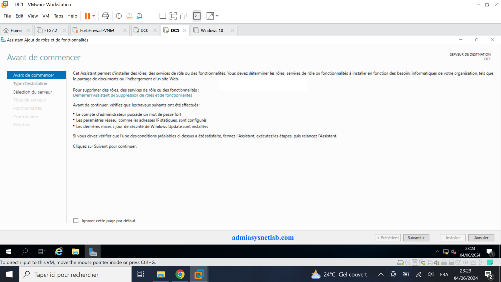 Assistant d'installation des rôles, des services ou fonctionnalités sur Windows server.