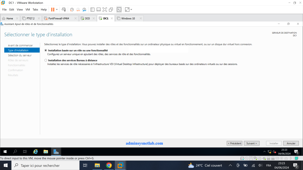 Installation basée sur un rôle ou une fonctionnalité sur Windows Server.
