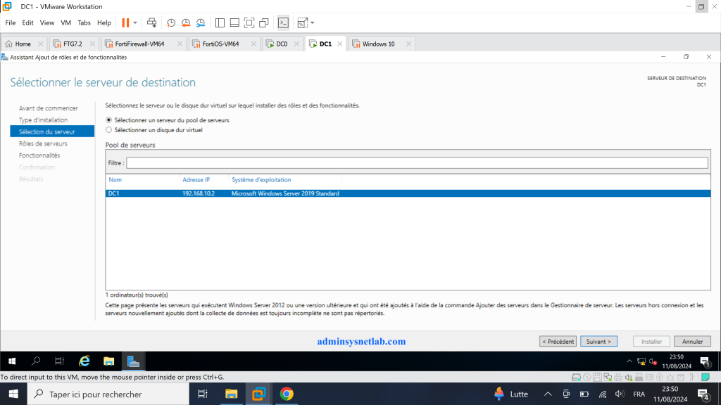 Sélectionner le serveur de destination lors de l'installation d'un rôle sur Windows Server.
