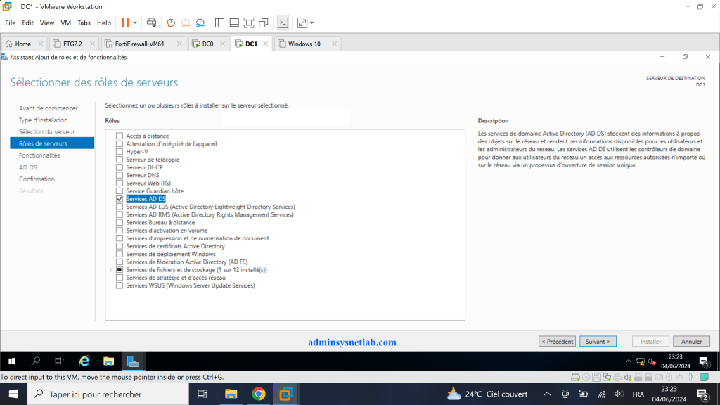 Sélectionner des rôles de serveurs sur Windows Server.
