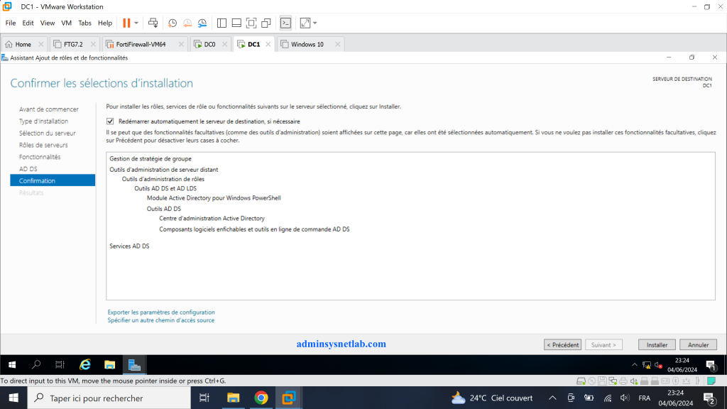 Confirmer les sélections d'installation de rôle sur Windows Server.