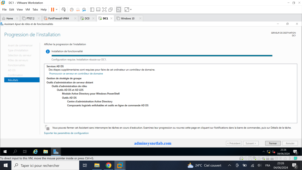 Progression de l'installation des rôles sur Windows Server.