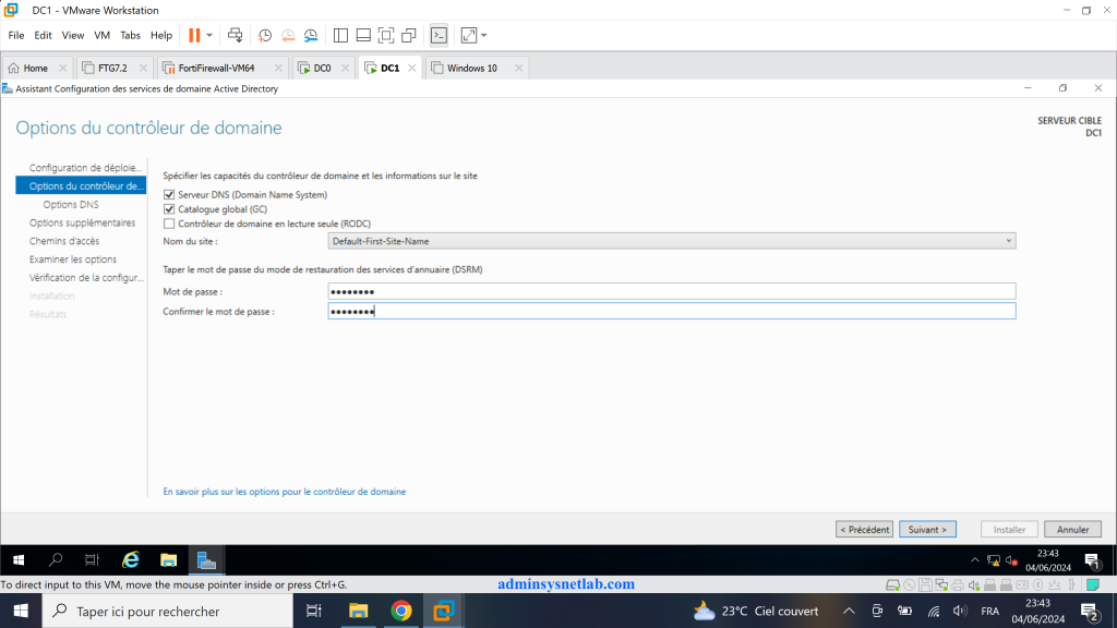 Options du contrôleur de domaine sur Windows Server.