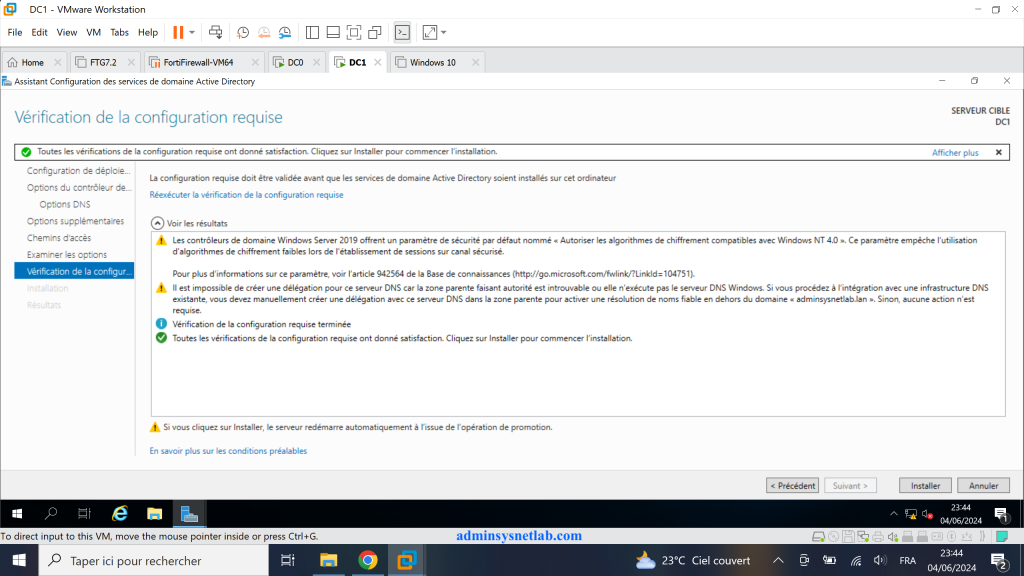 Vérification de la configuration requise Windows Server.