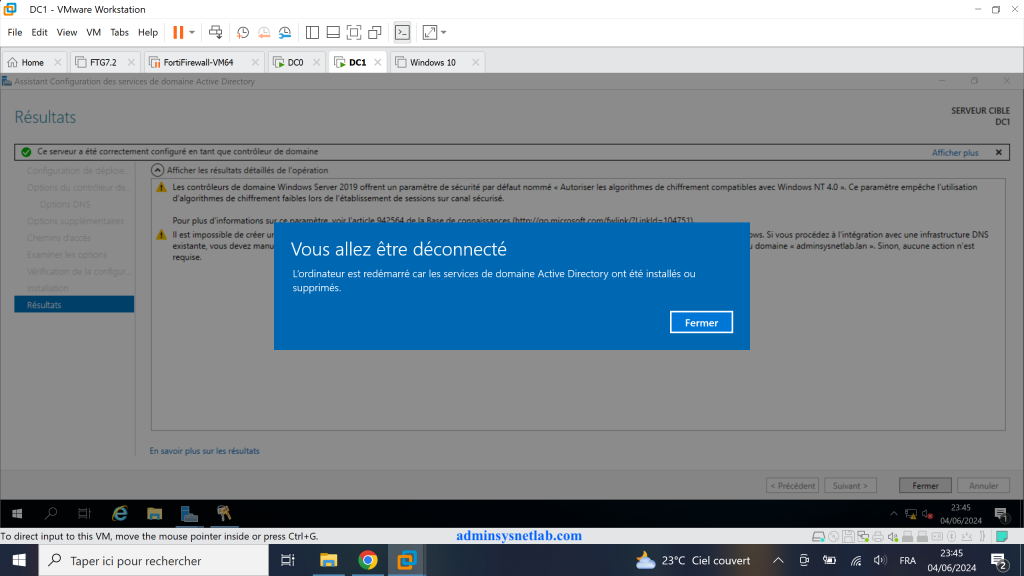 Redémarrage automatique serveur après installation services de domaine Active Directory.