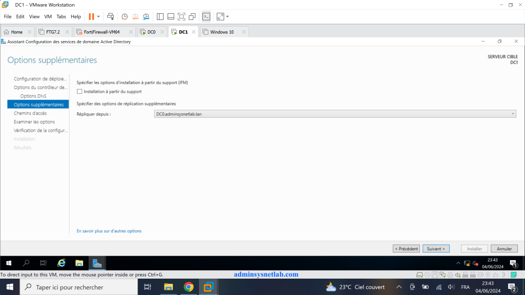 Options supplémentaires contrôleur de domaine sur Windows Server.